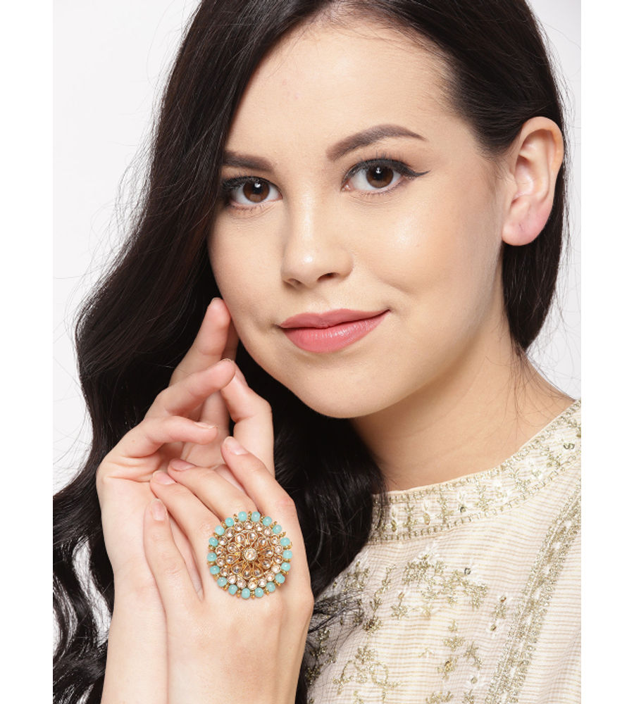 YouBella Women Turquoise Blue Gold-Plated Stone-Studded Floral Adjustable Ring