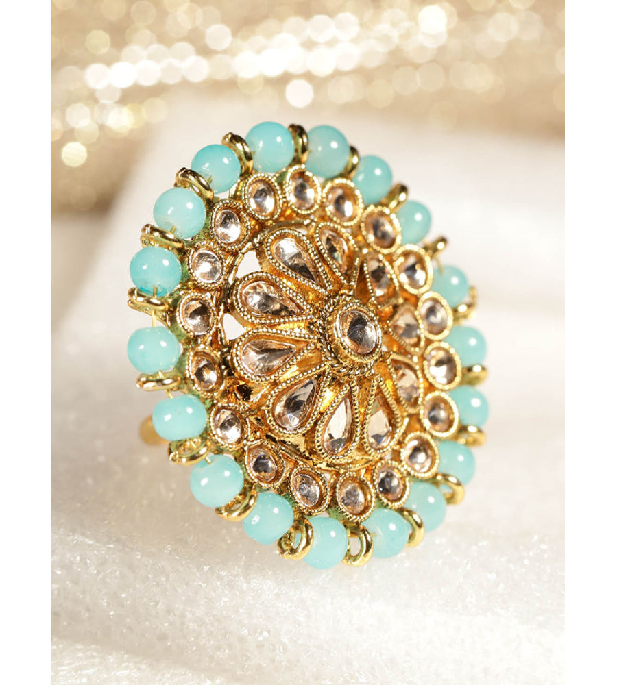 YouBella Women Turquoise Blue Gold-Plated Stone-Studded Floral Adjustable Ring