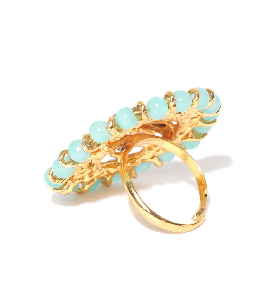 YouBella Women Turquoise Blue Gold-Plated Stone-Studded Floral Adjustable Ring