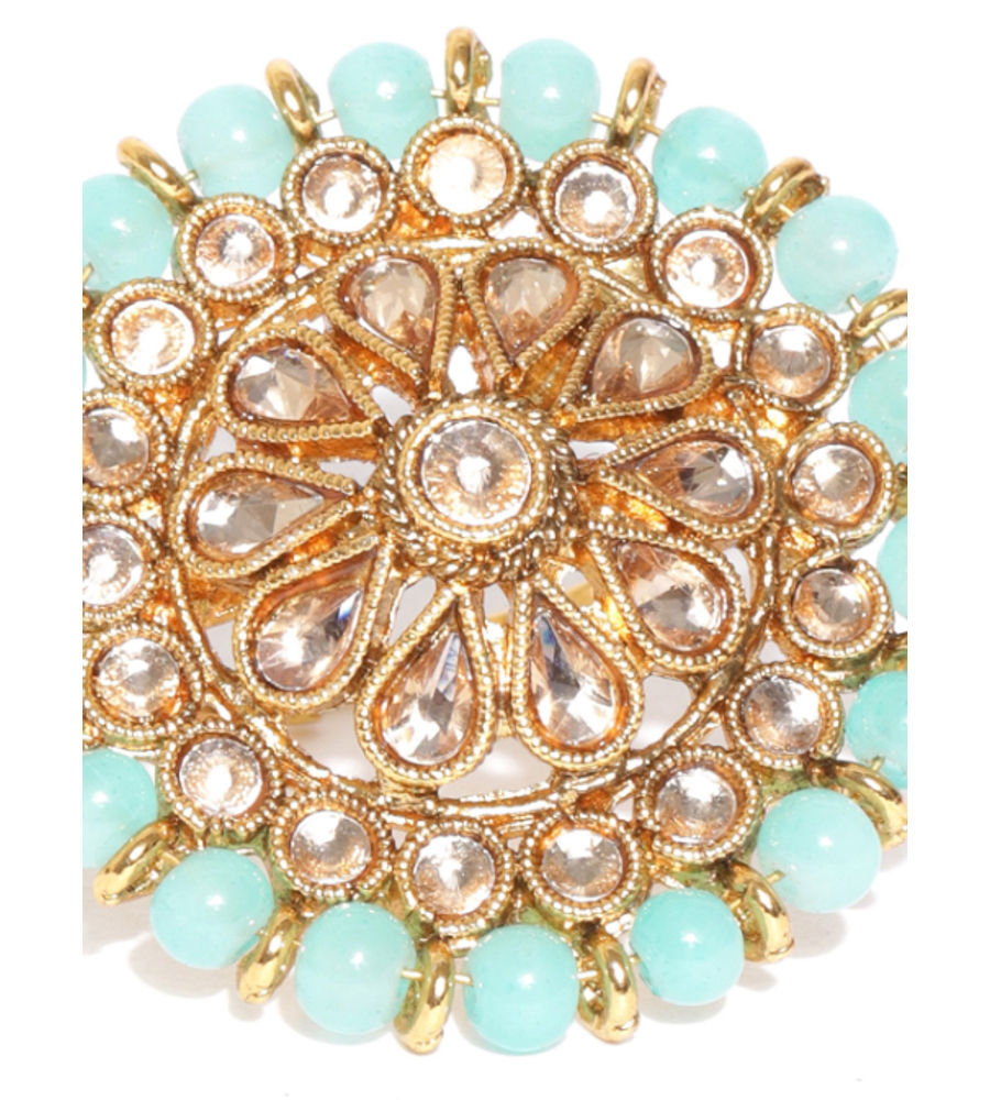 YouBella Women Turquoise Blue Gold-Plated Stone-Studded Floral Adjustable Ring