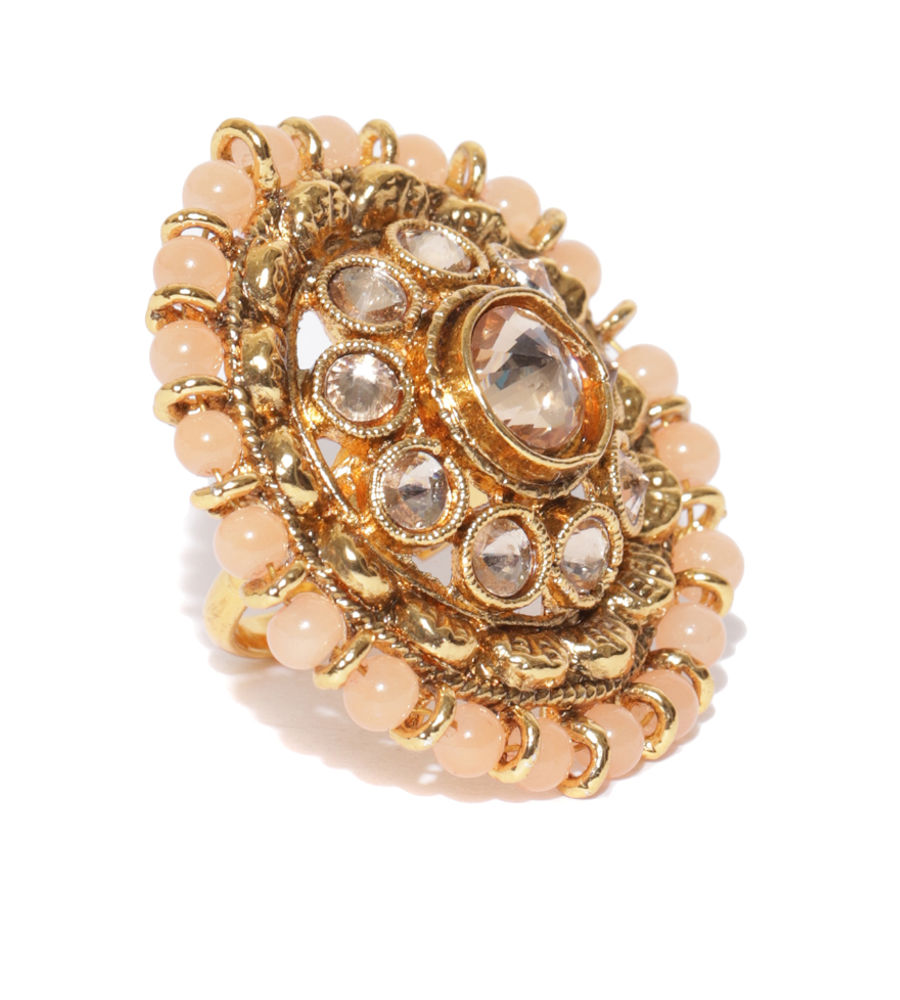 YouBella Peach-Coloured Gold-Plated Stone-Studded Adjustable Ring