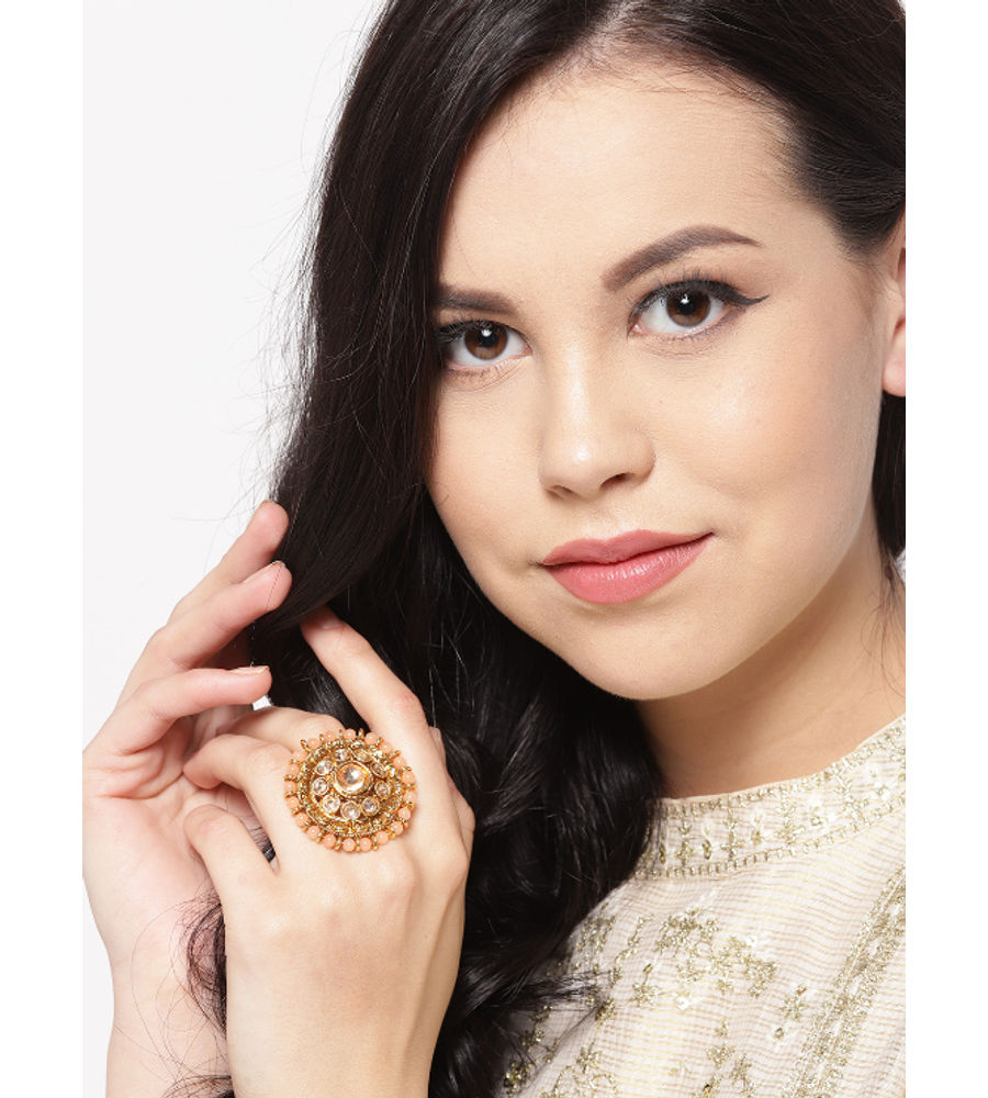 YouBella Peach-Coloured Gold-Plated Stone-Studded Adjustable Ring