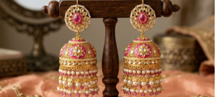 Royal Pink Designer Jhumka Drops | Elegant Traditional Indian Earrings
