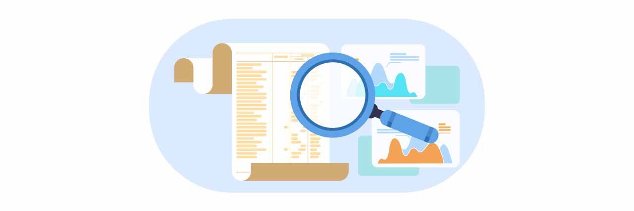 Illustrator of searching through company finance statements.