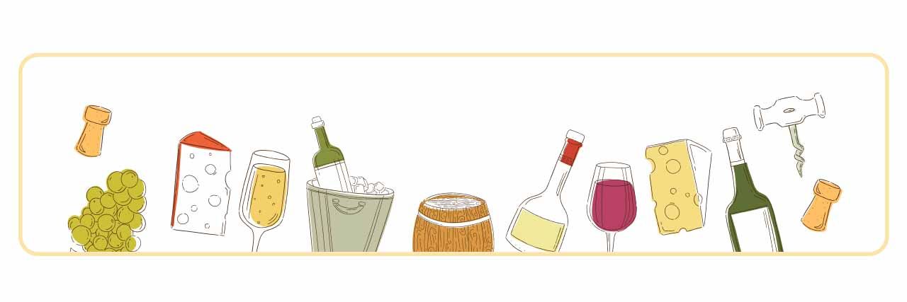 Illustration of various beverages and food.