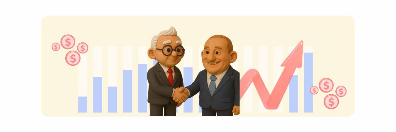 Illustration of Warren Buffett shaking hands with Greg Abel.