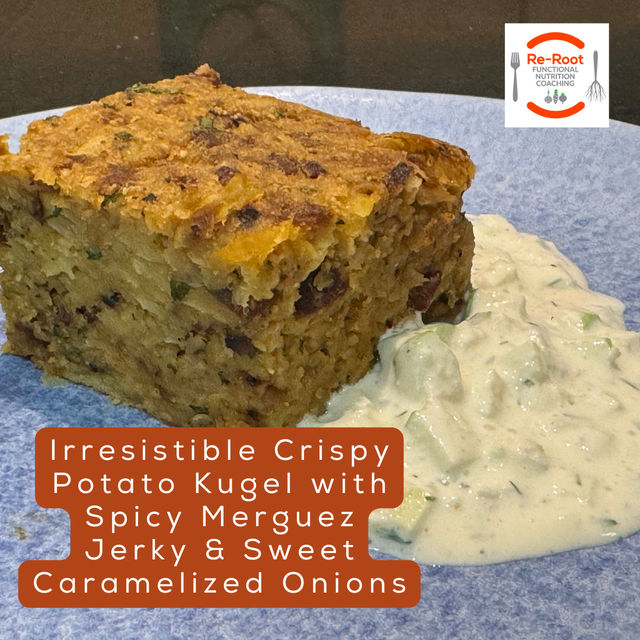 Irresistible Crispy Potato Kugel with Spicy Merguez Jerky & Sweet Caramelized Onions