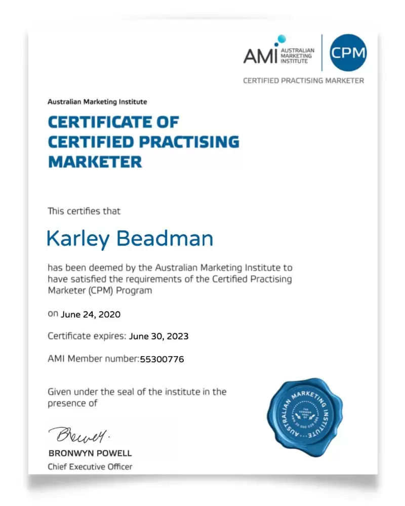 Karley Beadman, Certified Practising Marketer with the Australian Marketing Institute CERTIFICATE