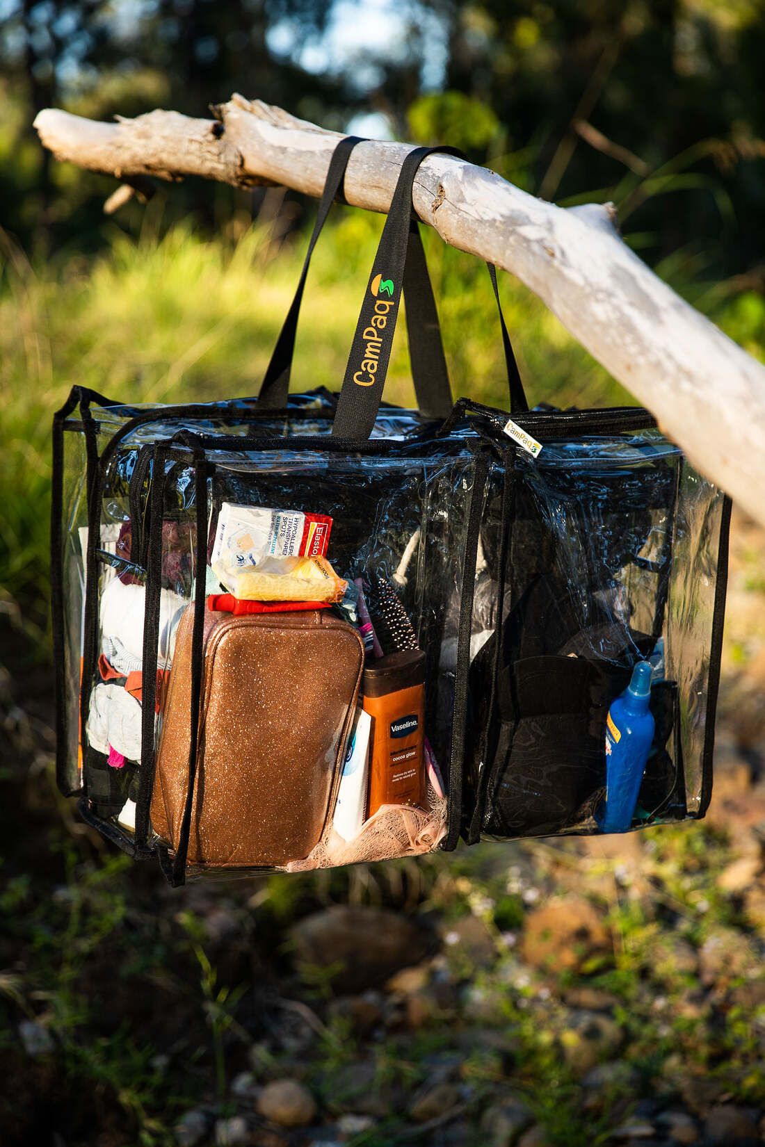 Transparent camping and travel bag holding all your necessities.