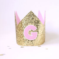 Classic Birthday Crown ~ GLITTER ~ Gold ~ Pink ~ Choose Your Letter