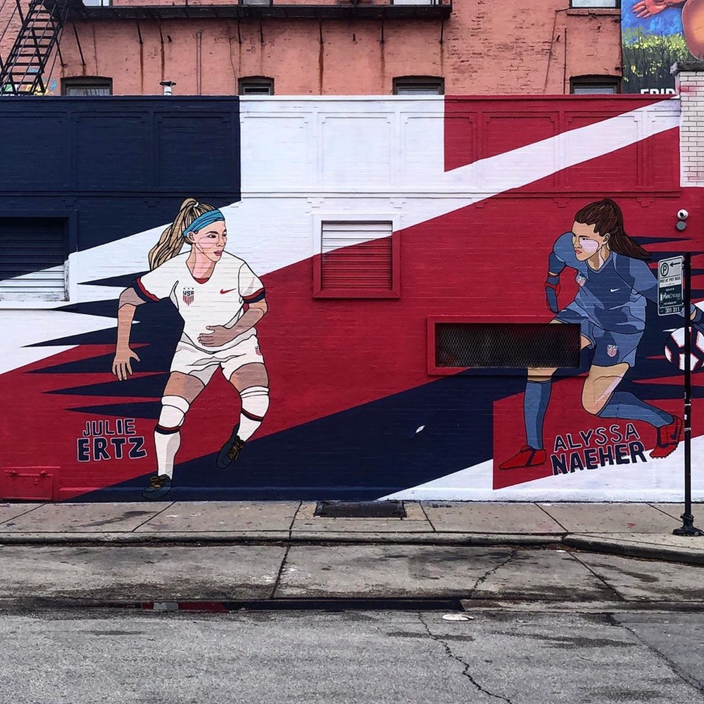 mural in Chicago by artist Sam Kirk. Tagged: Alyssa Naeher, Julie Ertz, soccer, sports, USWNT