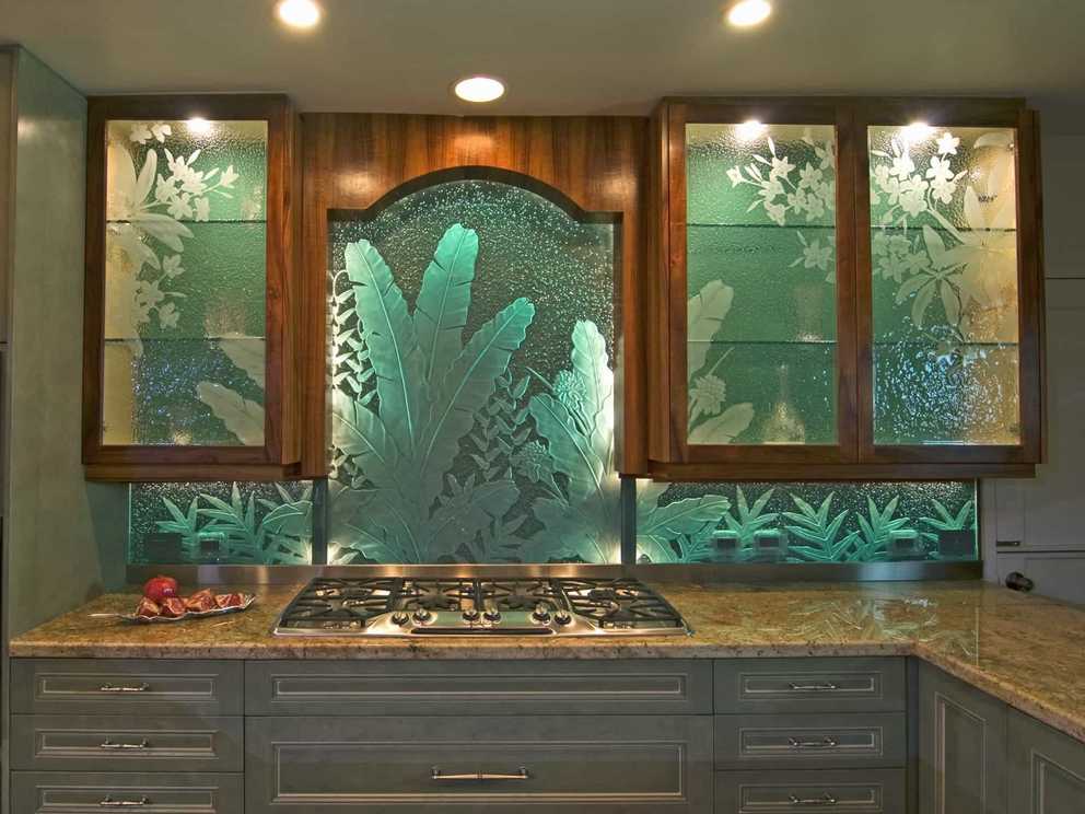 Interior The Beauty Of Etched Glass Interior Doors 3 Of 7 Photos   Floral Etched Glass Kitchen Cabinet Doors 