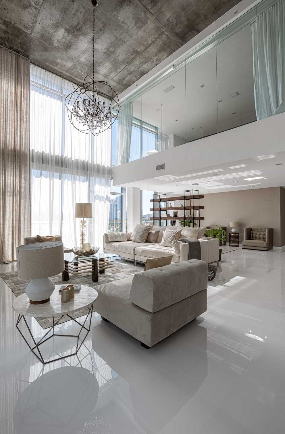 Image showcasing Luxury Apartment Living Room With High Ceiling And Metallic Accent ...