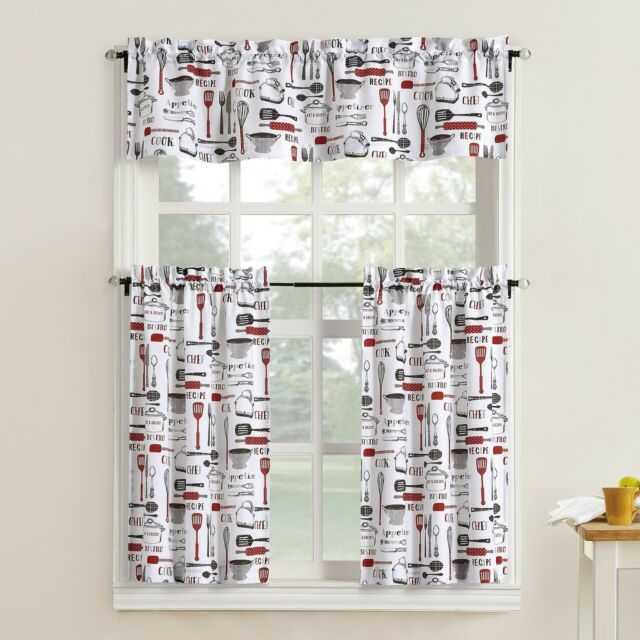 Red Black White Utensil Print 3Pc Kitchen Curtains Set Valance Tiers Cafe Pertaining To Kitchen Burgundy/white Curtain Sets (Photo 23 of 25)