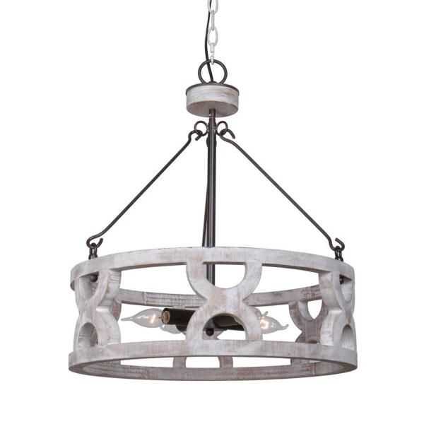 Farmhouse 3 Light Distressed White Wood Drum Chandelier Regarding White And Weathered White Bead Three Light Chandeliers (Photo 3 of 15)