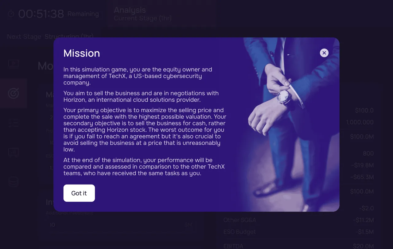 Acquisition Simulation Mission Briefing explains what happens in an M&A simulation