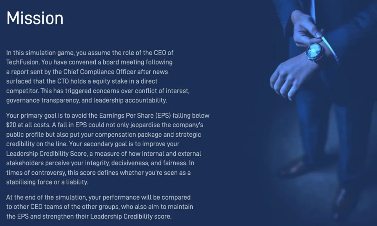 Corporate Governance simulation showing the role and governance mission