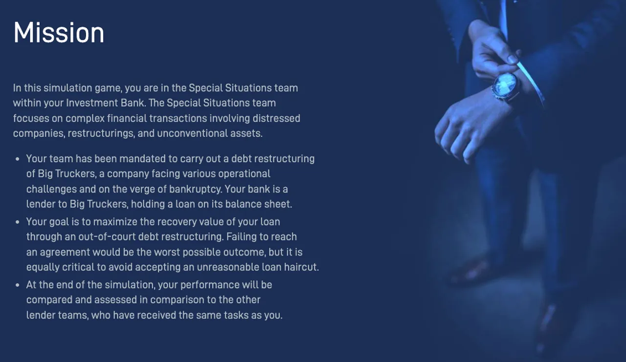 Debt Restructuring simulation showing a clear role and objective