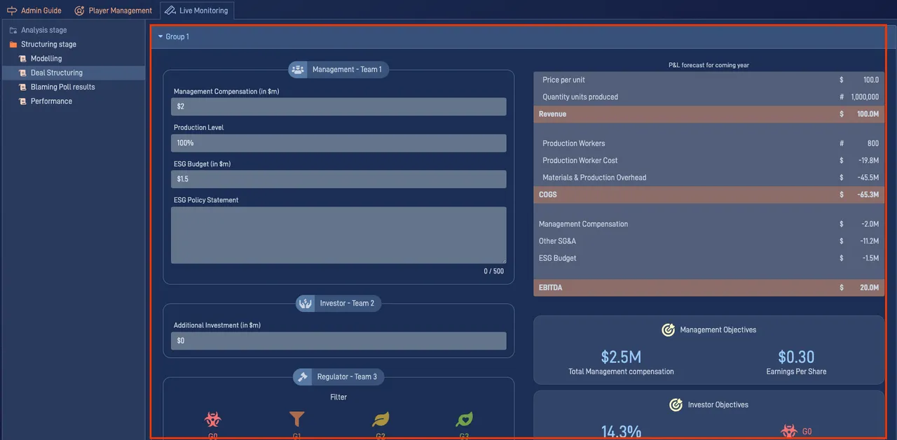 ESG admin panel showing how to monitor progress and prepare the debrief