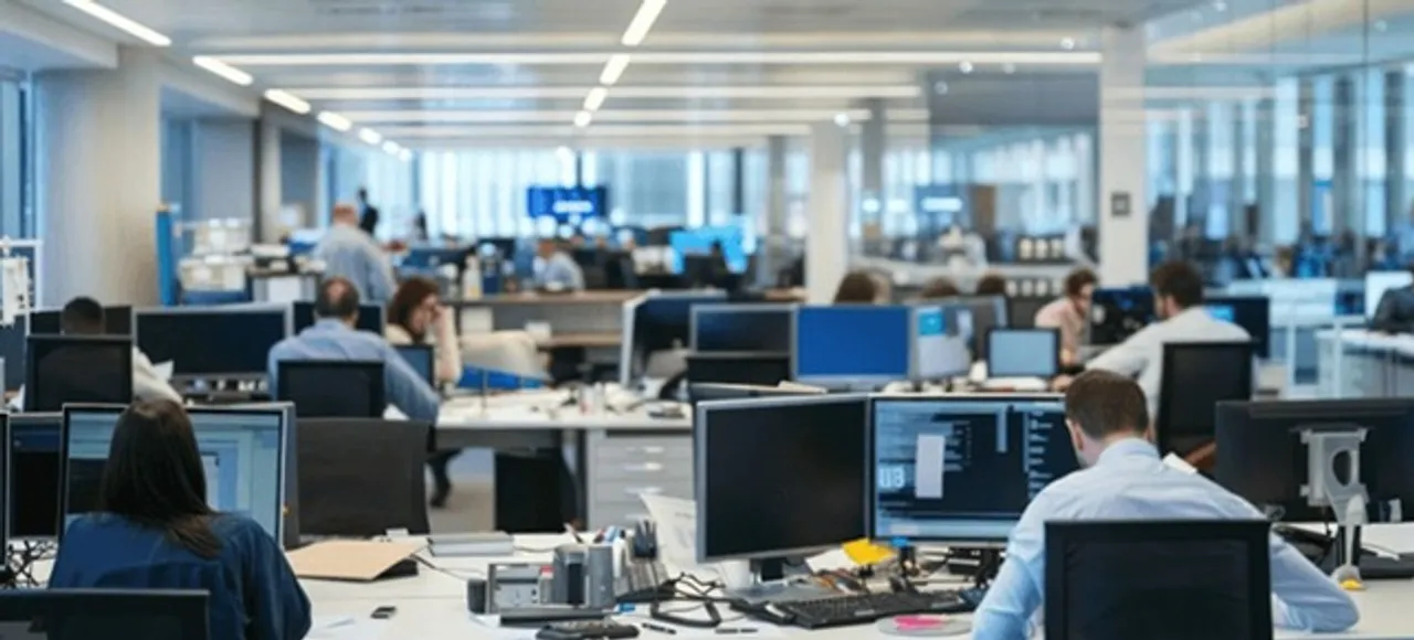 Finance Desk Workers in Modern Office: Finsimco's platform supports hiring, training, and teaching decisions.