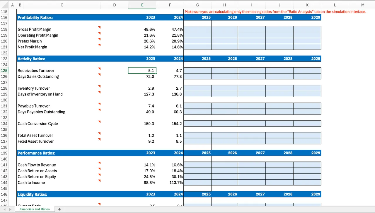 financials & Ratios workbook used in the Financial Statement Analysis simulation