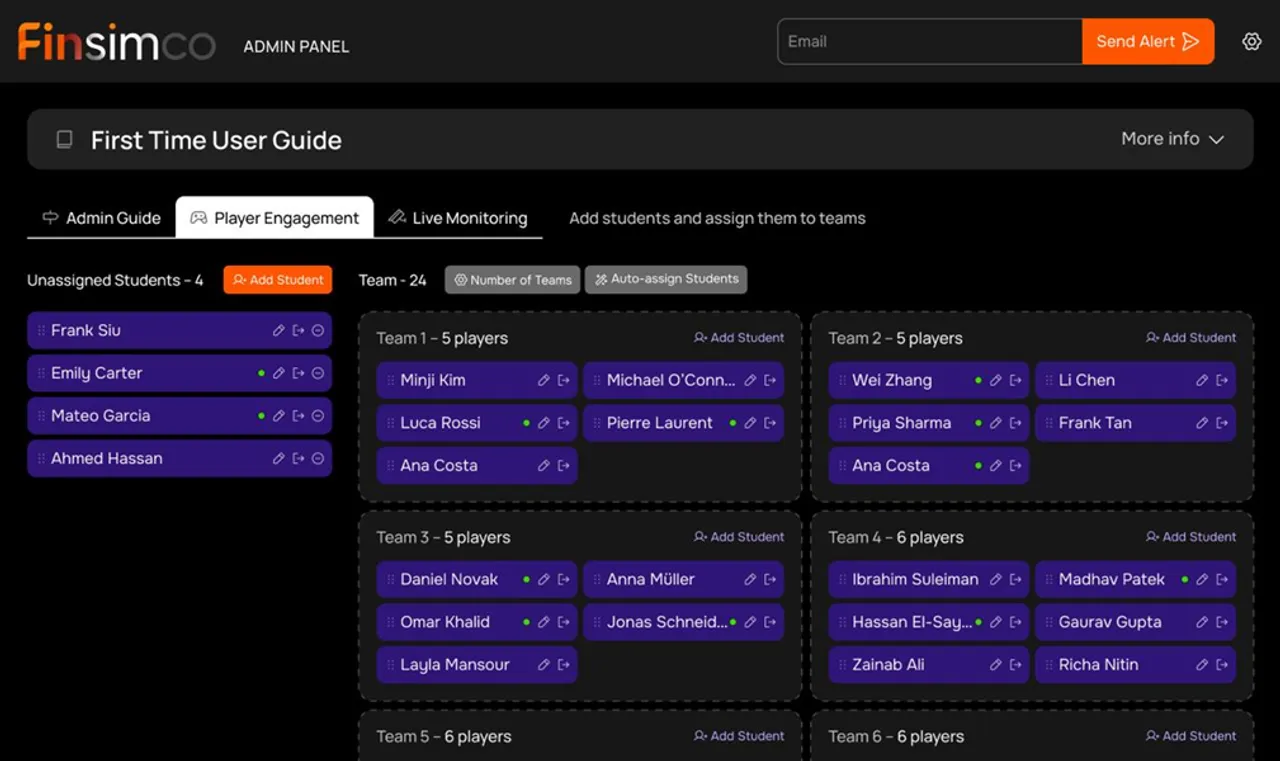 Lecturer dashboard showing student assignment and team management for a simulation