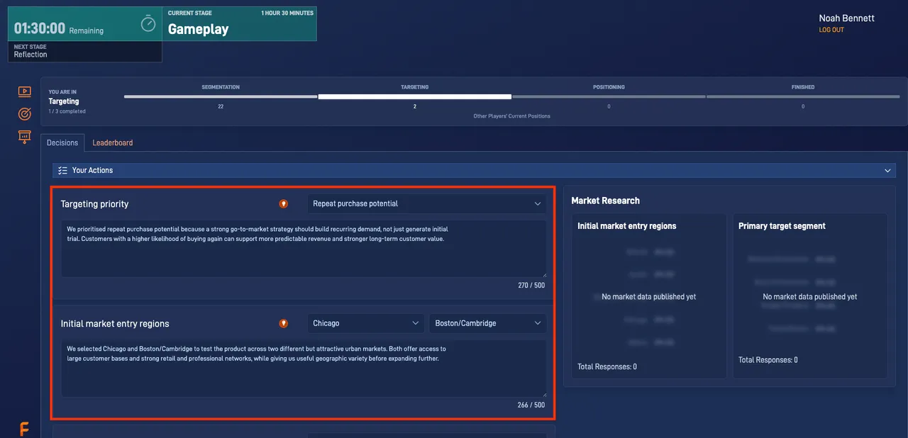 Go To Market simulation showing the strategic decisions