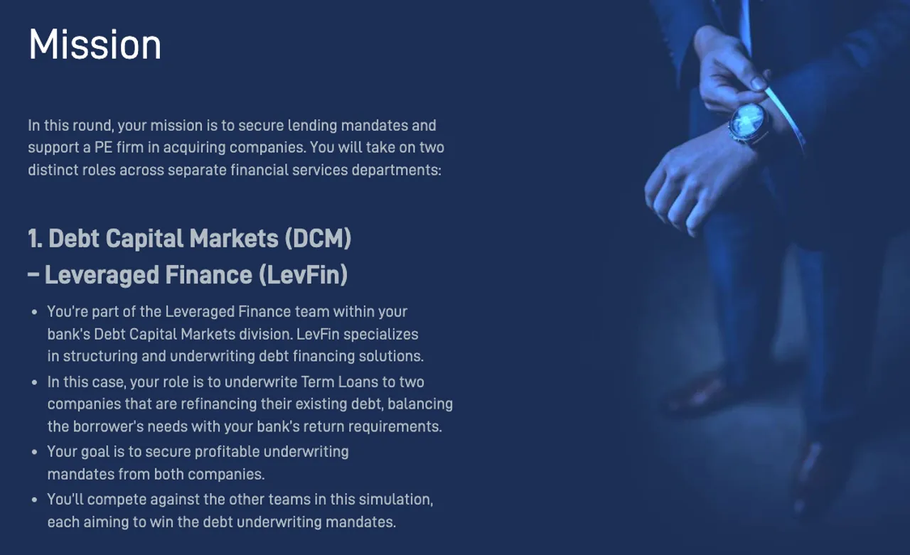 Investment Banking simulation showing the mission and required actions