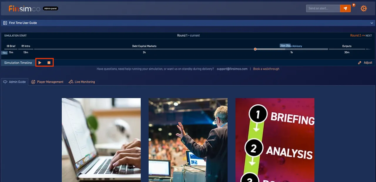 Investment Banking admin panel showing how to start, pause, stop and resume
