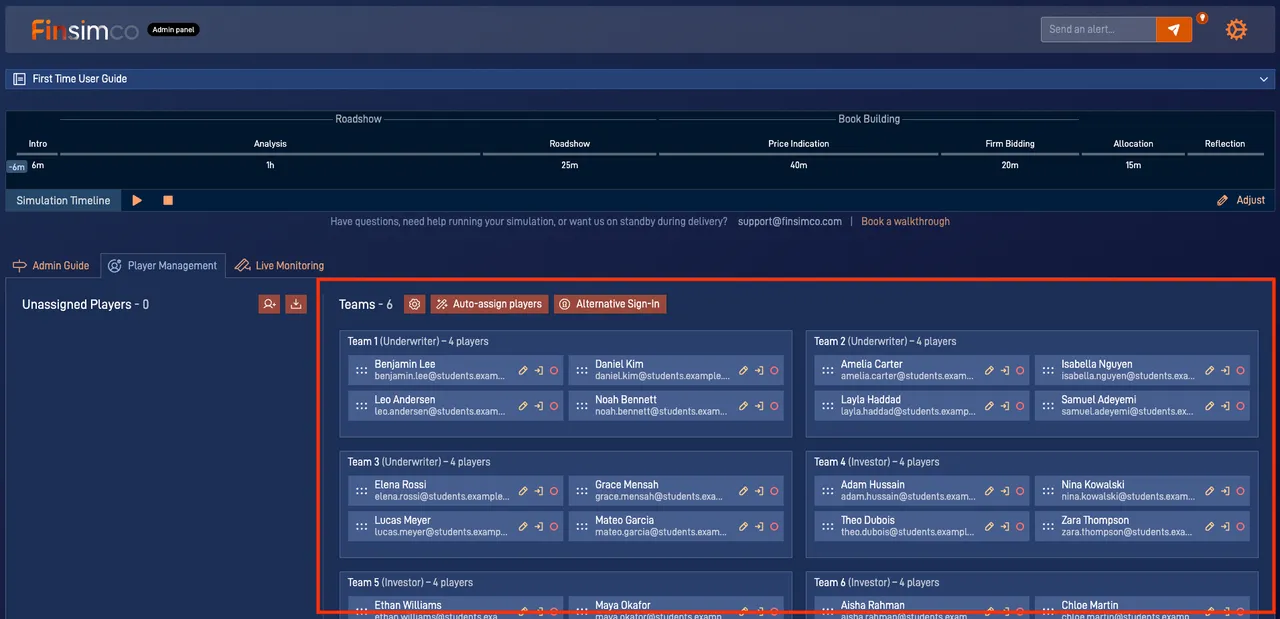 IPO simulation showing manage participants and teams