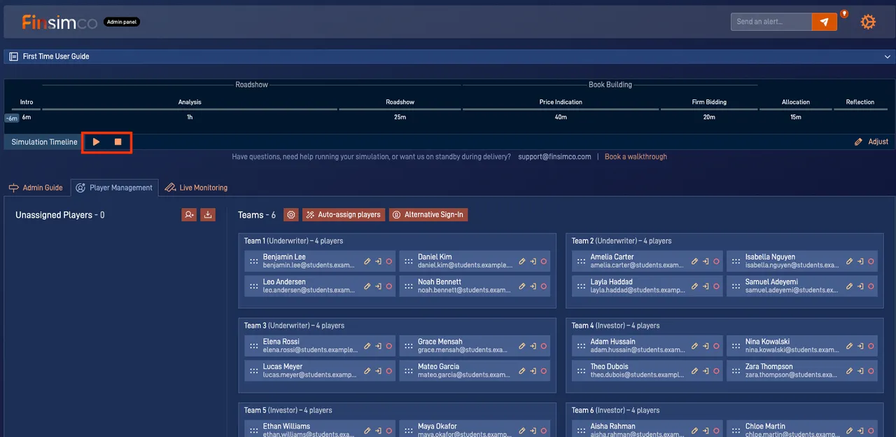 IPO admin panel showing how to start the simulation and manage controls