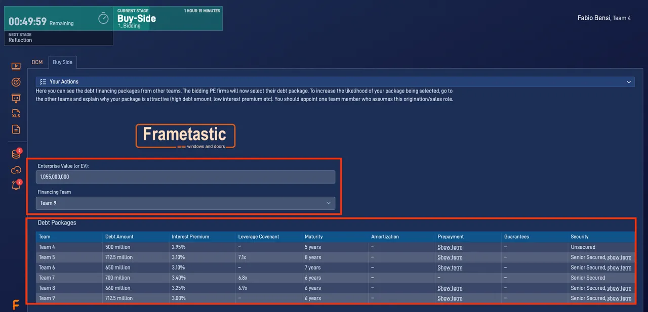 LBO simulation showing the transaction submission decisions