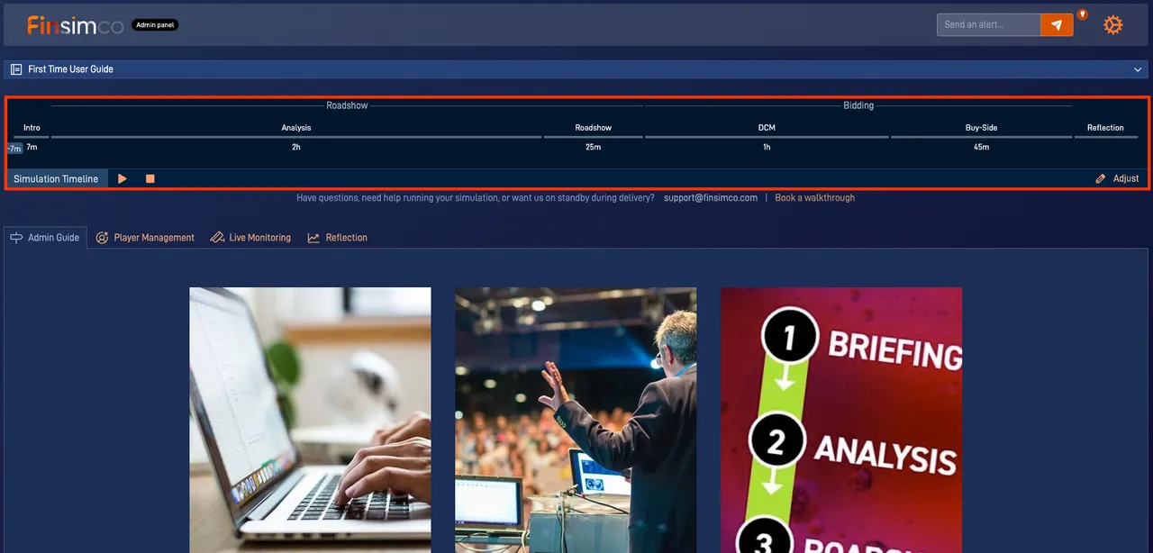 LBO simulation showing control the simulation timeline