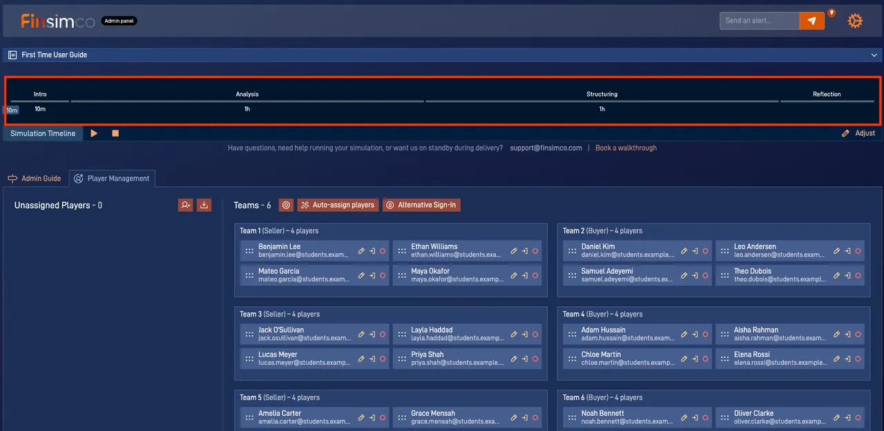 M&A simulation showing how to control the simulation timeline