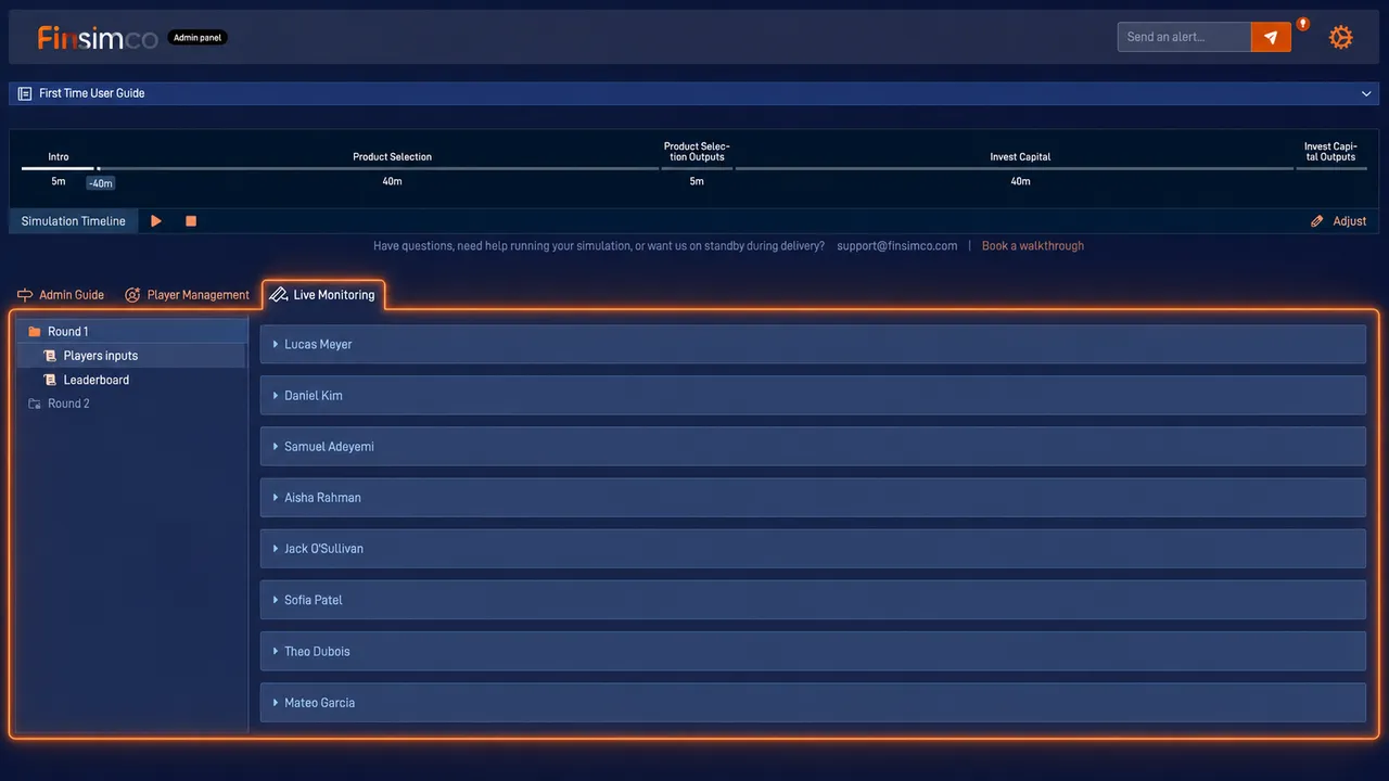 Managerial Accounting admin panel showing how to review outputs and prepare the debrief