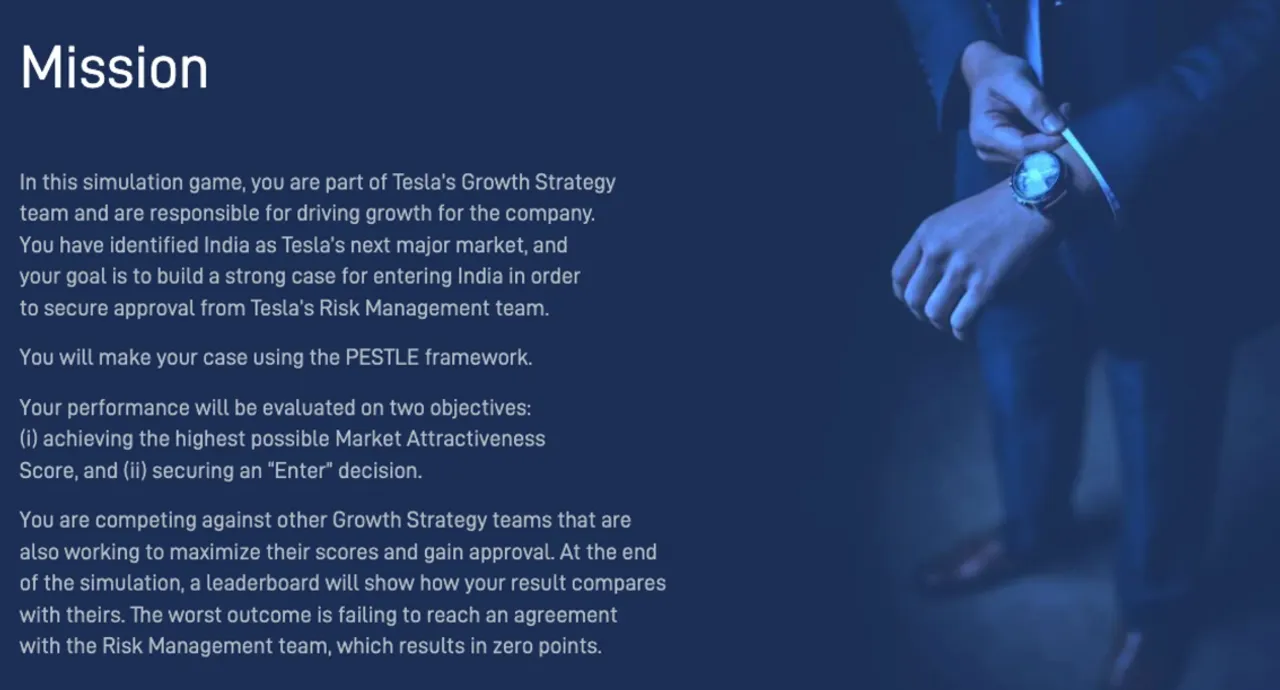 PESTLE Analysis simulation showing the mission