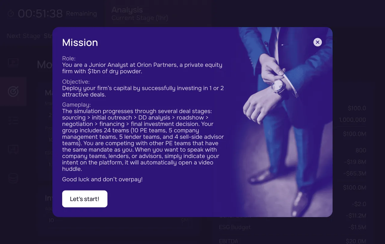 Private Equity Simulation Mission Screen for What happens in a simulation