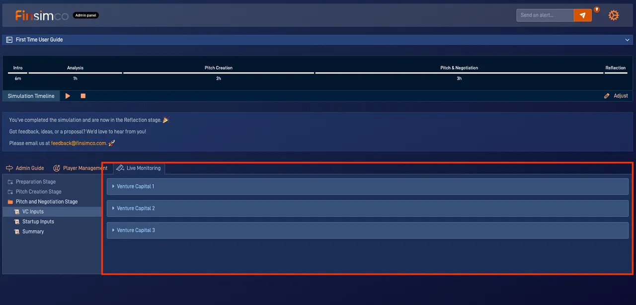 Startup Creation admin panel showing how to monitor progress, coach selectively and prepare the debrief
