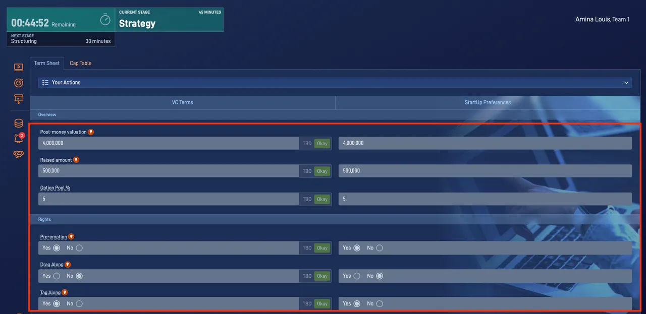 Startup Funding simulation showing the negotiation section