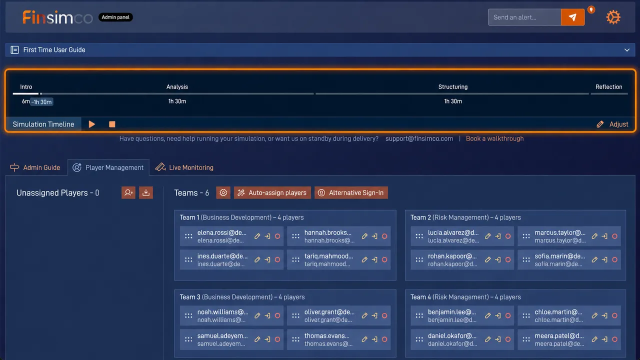SWOT Analysis admin panel showing how to set the timings and press play
