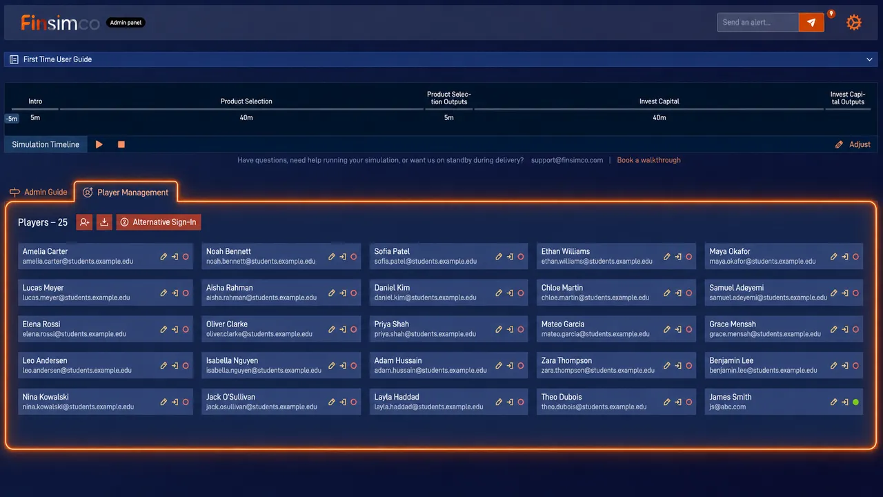 Managerial Accounting admin panel showing how to add participants and check access