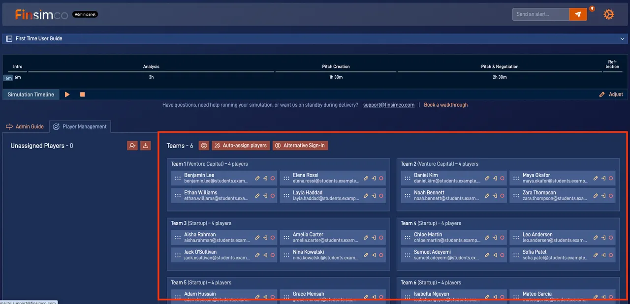 Startup Creation admin panel showing how to set up students, teams and roles