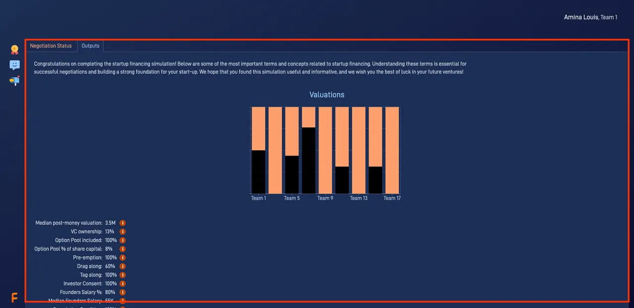 Startup Funding simulation showing how to compare the completed deals and outputs