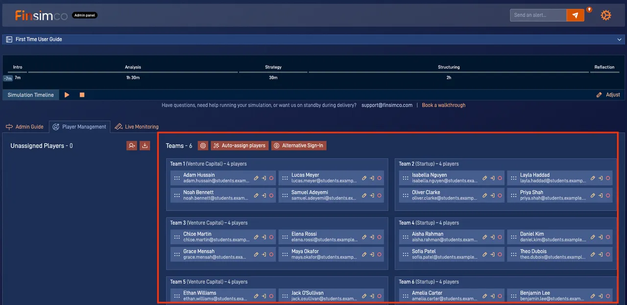 Startup Funding admin panel showing how to create Startup and VC teams