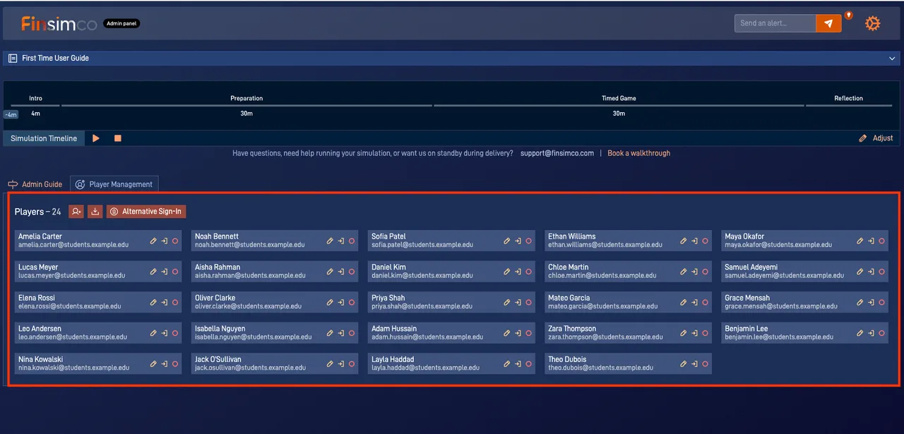 Time Value of Money admin panel showing how to add and manage students