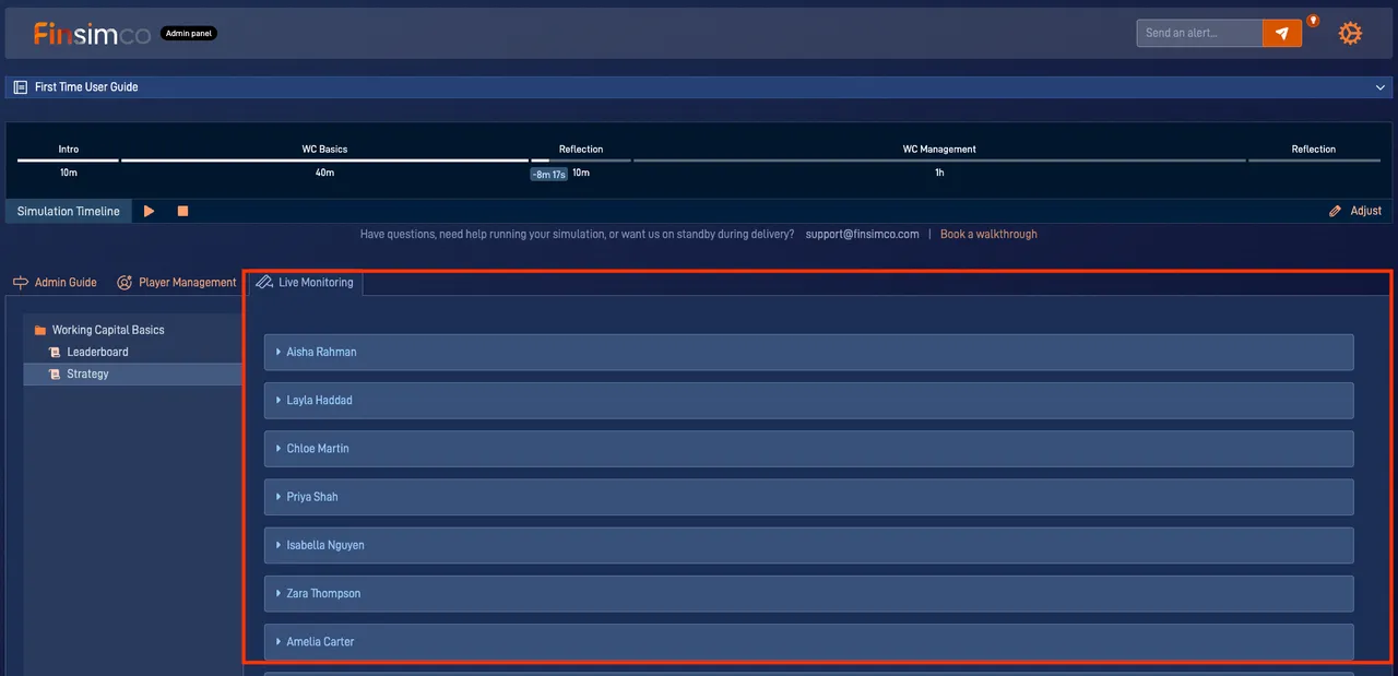 Working Capital Management admin panel showing how to monitor and prepare the debrief