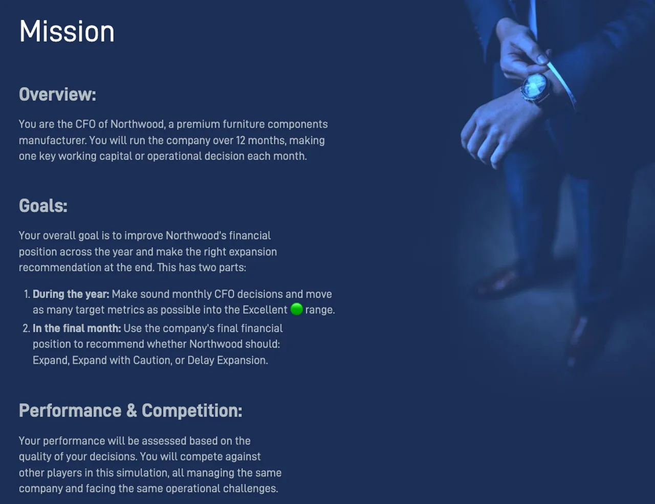 Working Capital Management simulation showing the CFO mission