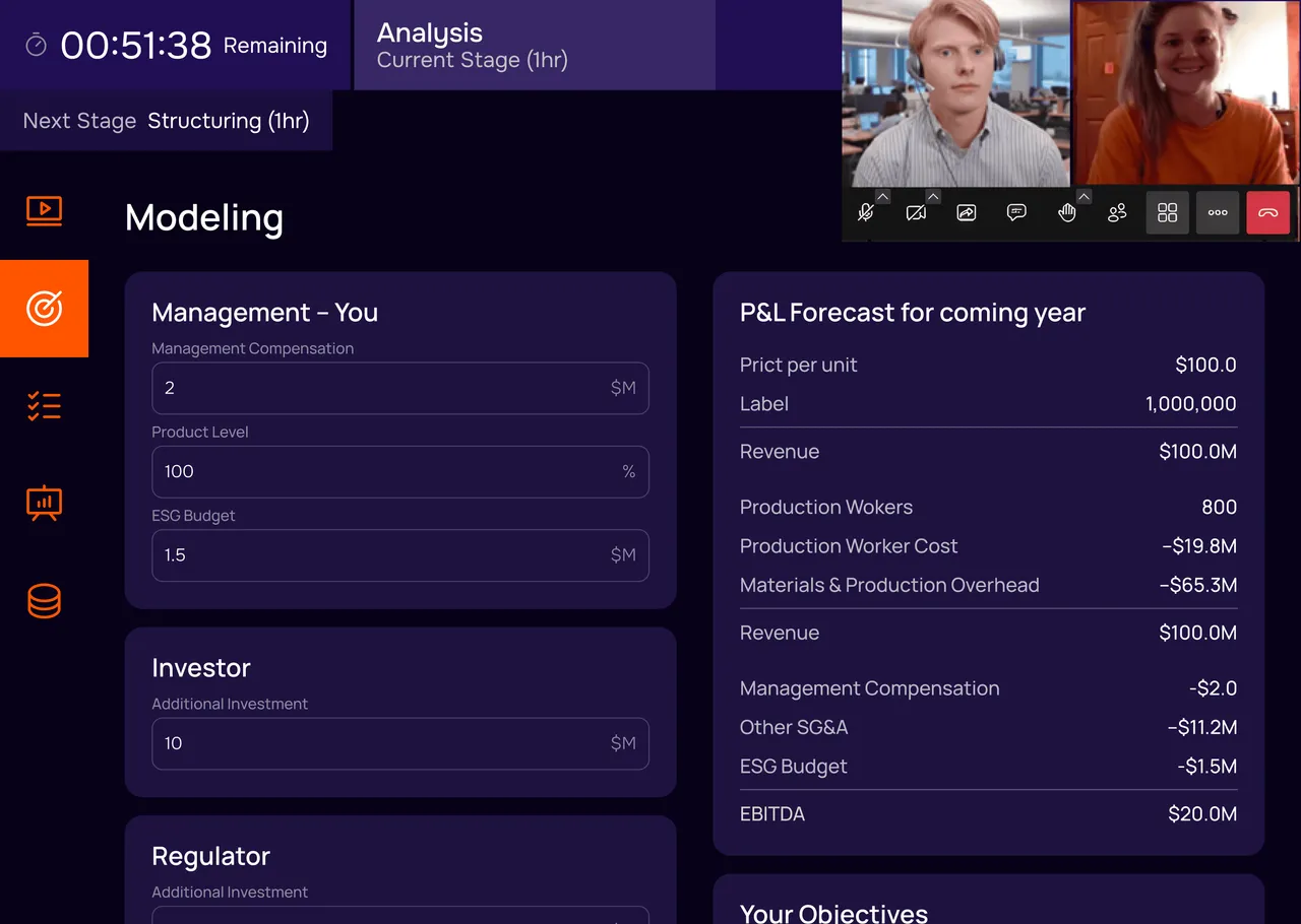 Simulation workspace where candidates make financial modelling decisions under time pressure
