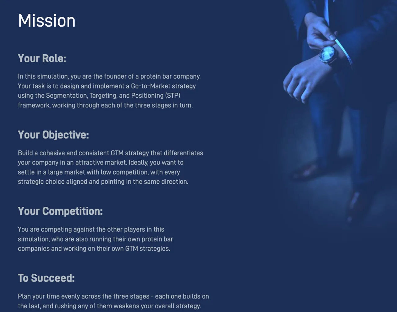 Go To Market simulation showing the market-entry mission