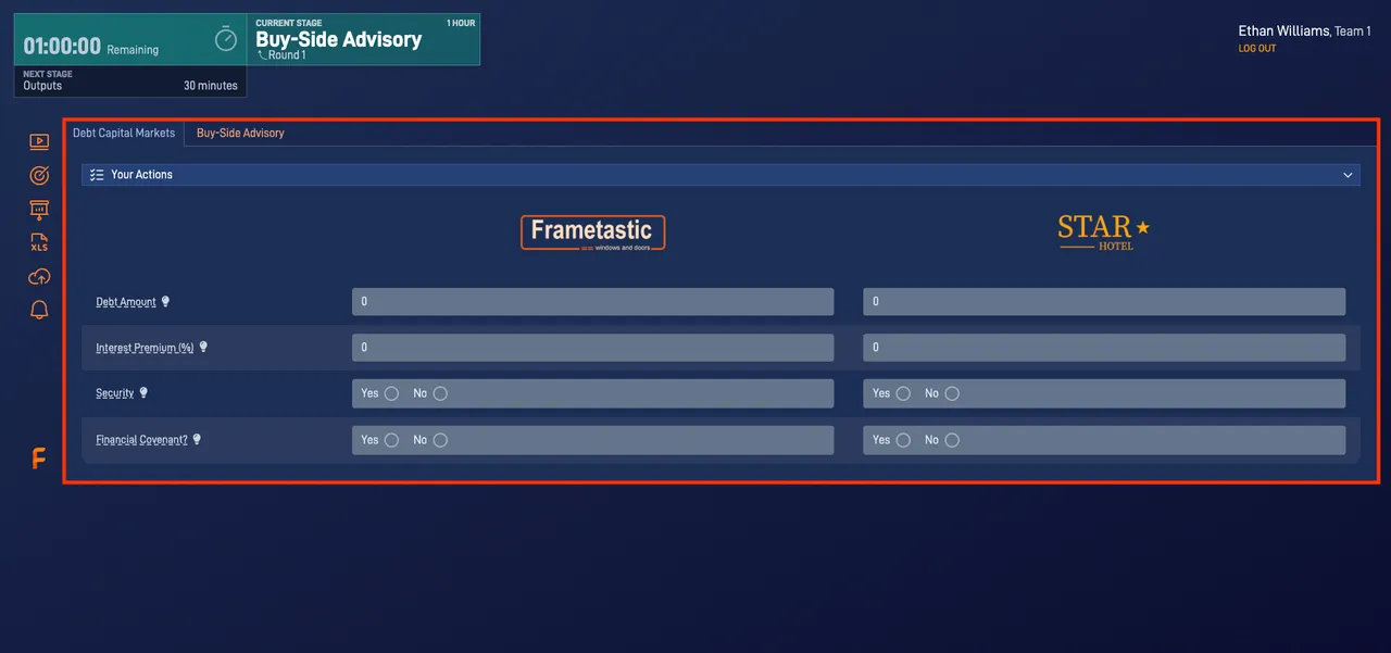 Investment Banking simulation showing transaction inputs and deliverables